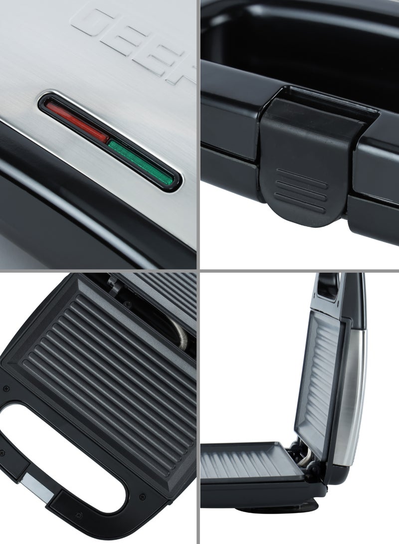 Portable Powerful  2 Slice Grill Maker with Non-Stick Coated Plates With Safety Locks, Stainless Steel, Cool Touch Handle & Skid- Resistant Feet, Power On & Ready Light Indicators 750 W GGM6001 Black/Grey