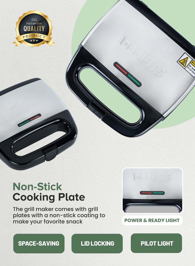 Portable Powerful  2 Slice Grill Maker with Non-Stick Coated Plates With Safety Locks, Stainless Steel, Cool Touch Handle & Skid- Resistant Feet, Power On & Ready Light Indicators 750 W GGM6001 Black/Grey