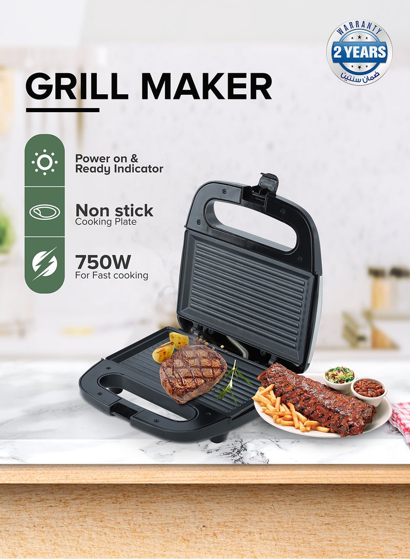 Portable Powerful  2 Slice Grill Maker with Non-Stick Coated Plates With Safety Locks, Stainless Steel, Cool Touch Handle & Skid- Resistant Feet, Power On & Ready Light Indicators 750 W GGM6001 Black/Grey