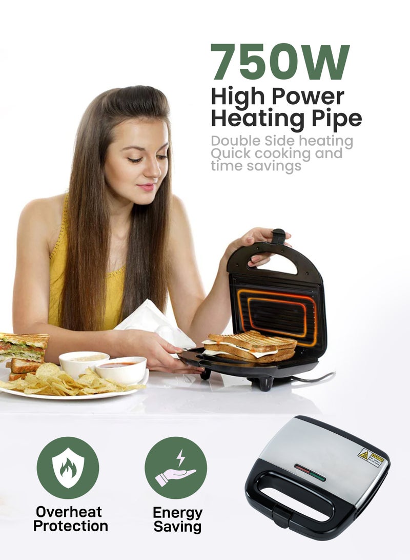 Portable Powerful  2 Slice Grill Maker with Non-Stick Coated Plates With Safety Locks, Stainless Steel, Cool Touch Handle & Skid- Resistant Feet, Power On & Ready Light Indicators 750 W GGM6001 Black/Grey