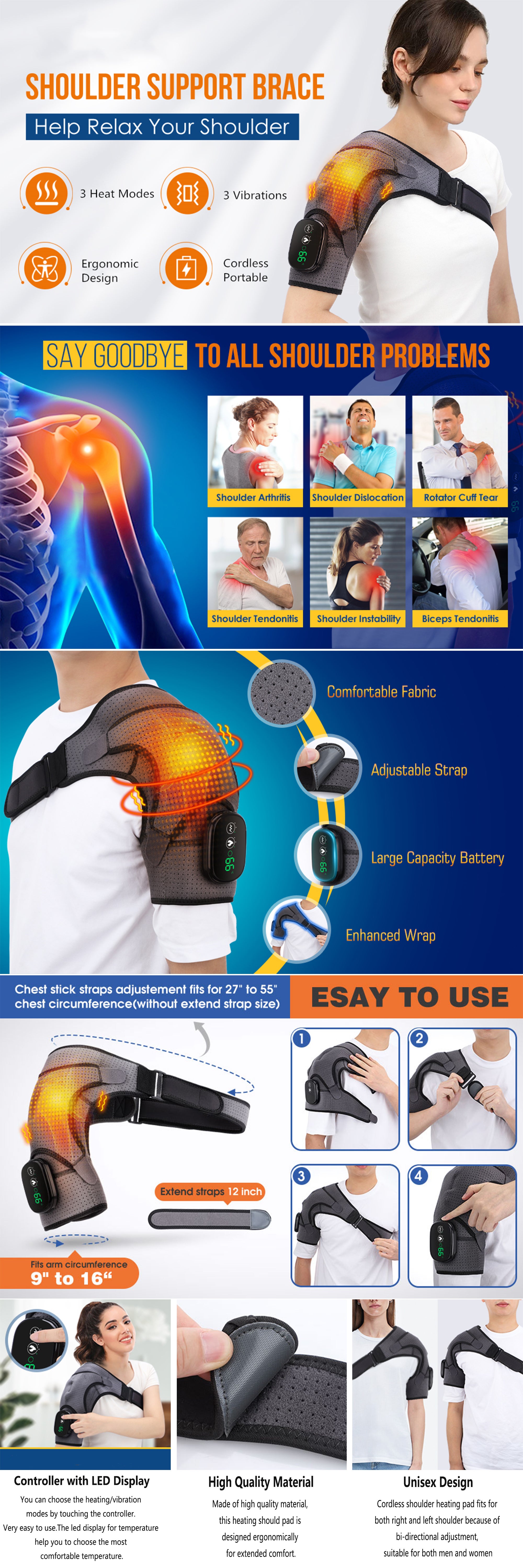 Cordless Shoulder Heating Pad, Heated Shoulder Wrap, Shoulder Support with 3 Heat and Vibration Modes