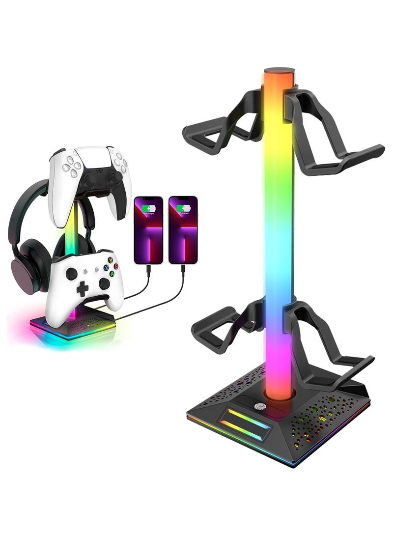 Gaming Controller Holder RGB Headphones Stand 10 Light Modes with 2 USB Charging Ports and Type-C Port - (Black)