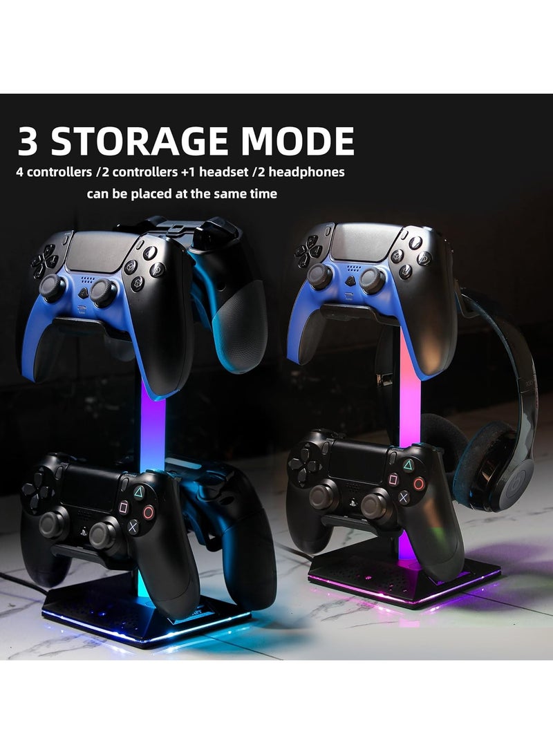 Gaming Controller Holder RGB Headphones Stand 10 Light Modes with 2 USB Charging Ports and Type-C Port - (Black)