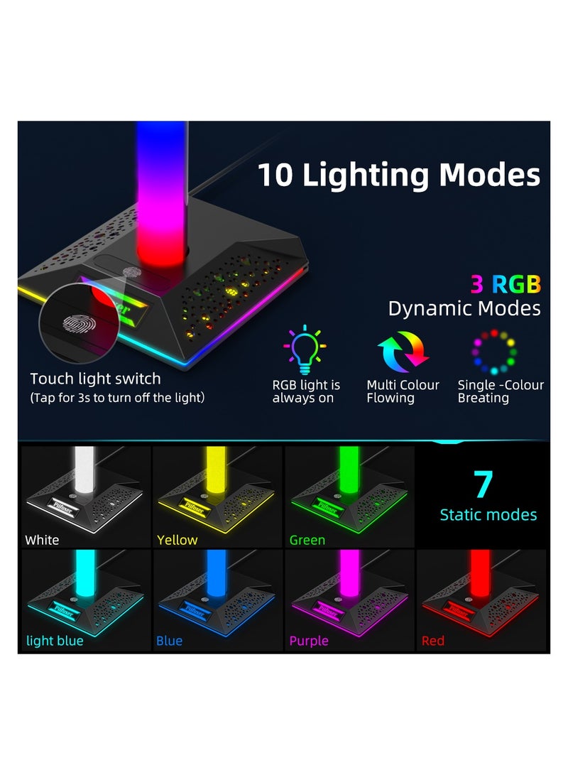 Gaming Controller Holder RGB Headphones Stand 10 Light Modes with 2 USB Charging Ports and Type-C Port - (Black)