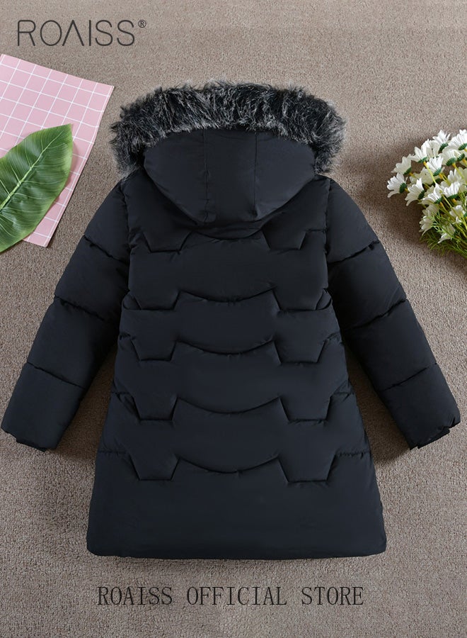 Girls Kids Padded Coat School Quilted Jacket Fur Hooded Zipper Long Parka Winter