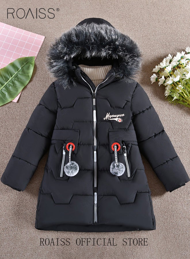 Girls Kids Padded Coat School Quilted Jacket Fur Hooded Zipper Long Parka Winter