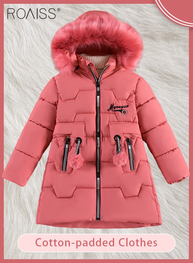 Girls Kids Padded Coat School Quilted Jacket Fur Hooded Zipper Long Parka Winter