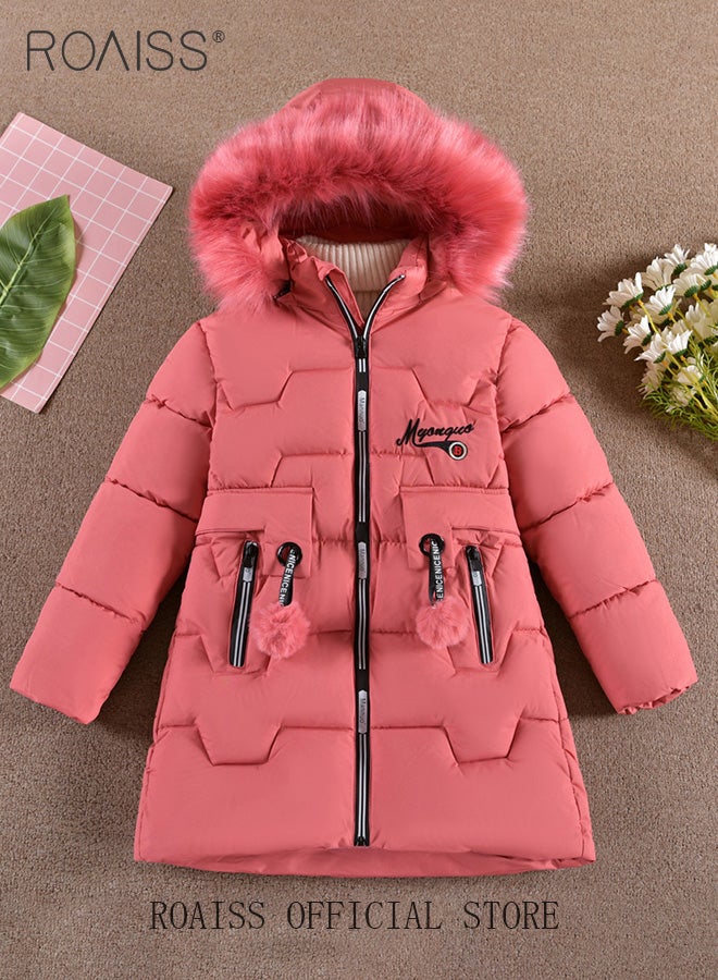 Girls Kids Padded Coat School Quilted Jacket Fur Hooded Zipper Long Parka Winter