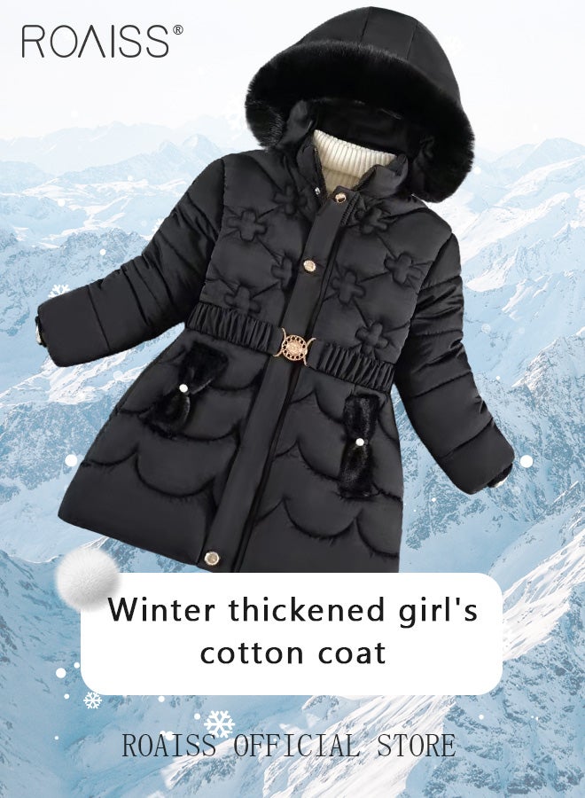 Children's Soft and Skin-Friendly Mid-Length Winter Coat with Fleece and Fur Collar—Solid Color Down Jacket with Simple Design and Zip Featuring Cartoon Pattern