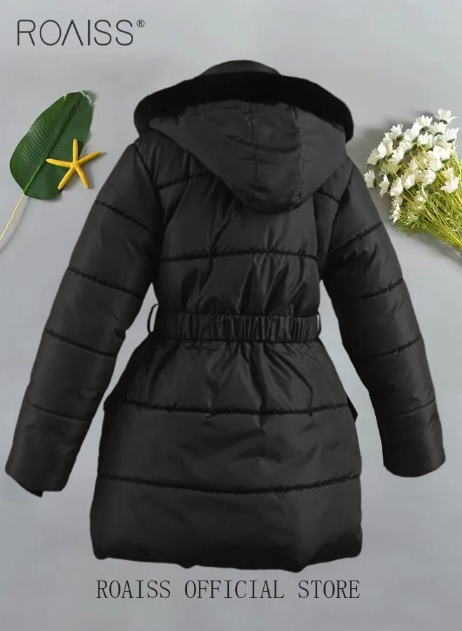 Children's Soft and Skin-Friendly Mid-Length Winter Coat with Fleece and Fur Collar—Solid Color Down Jacket with Simple Design and Zip Featuring Cartoon Pattern