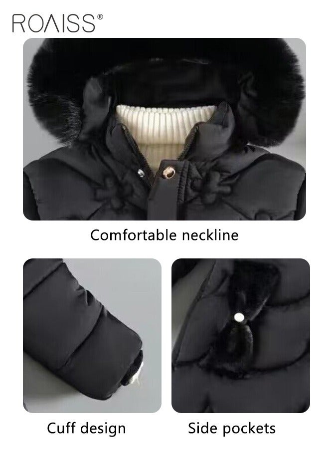 Children's Soft and Skin-Friendly Mid-Length Winter Coat with Fleece and Fur Collar—Solid Color Down Jacket with Simple Design and Zip Featuring Cartoon Pattern