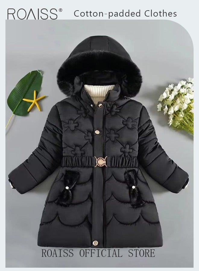 Children's Soft and Skin-Friendly Mid-Length Winter Coat with Fleece and Fur Collar—Solid Color Down Jacket with Simple Design and Zip Featuring Cartoon Pattern