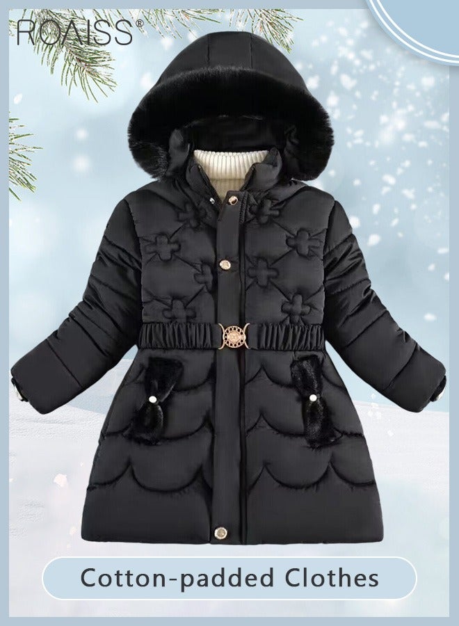 Children's Soft and Skin-Friendly Mid-Length Winter Coat with Fleece and Fur Collar—Solid Color Down Jacket with Simple Design and Zip Featuring Cartoon Pattern