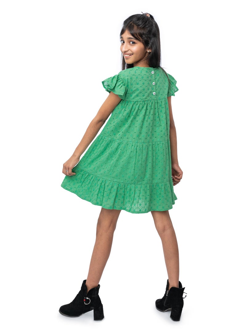 Schiffli  cotton oilve green frilled  knee length dress for girls