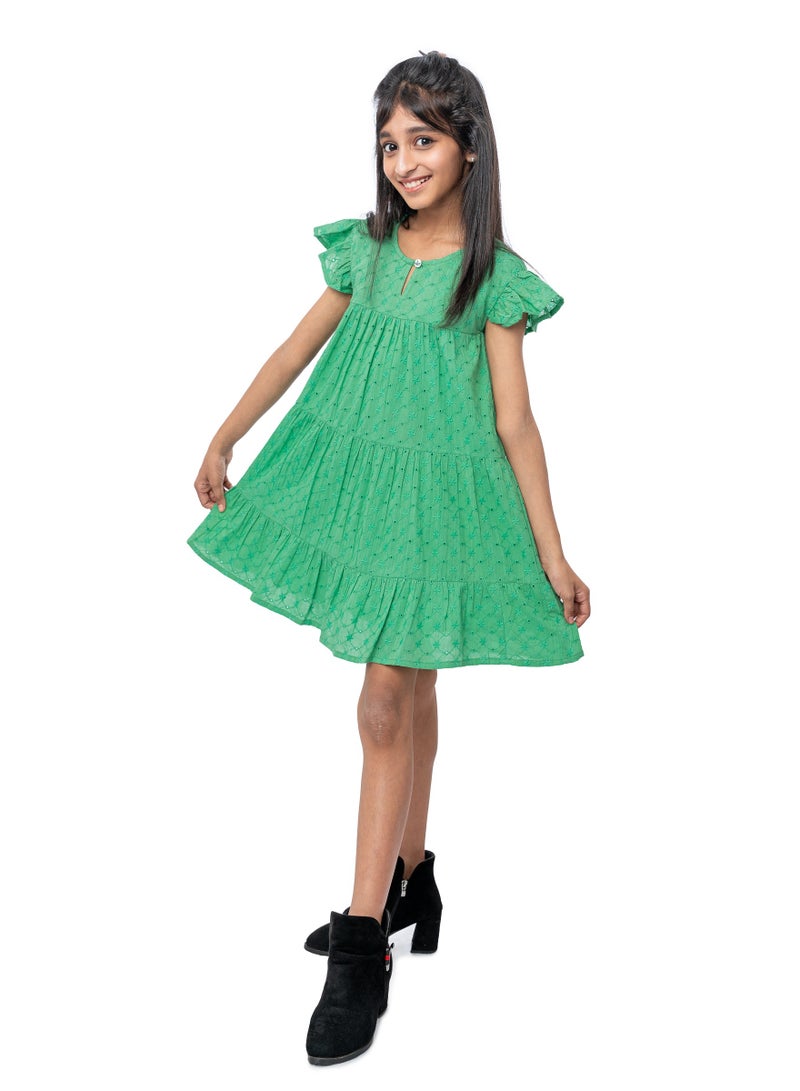 Schiffli  cotton oilve green frilled  knee length dress for girls