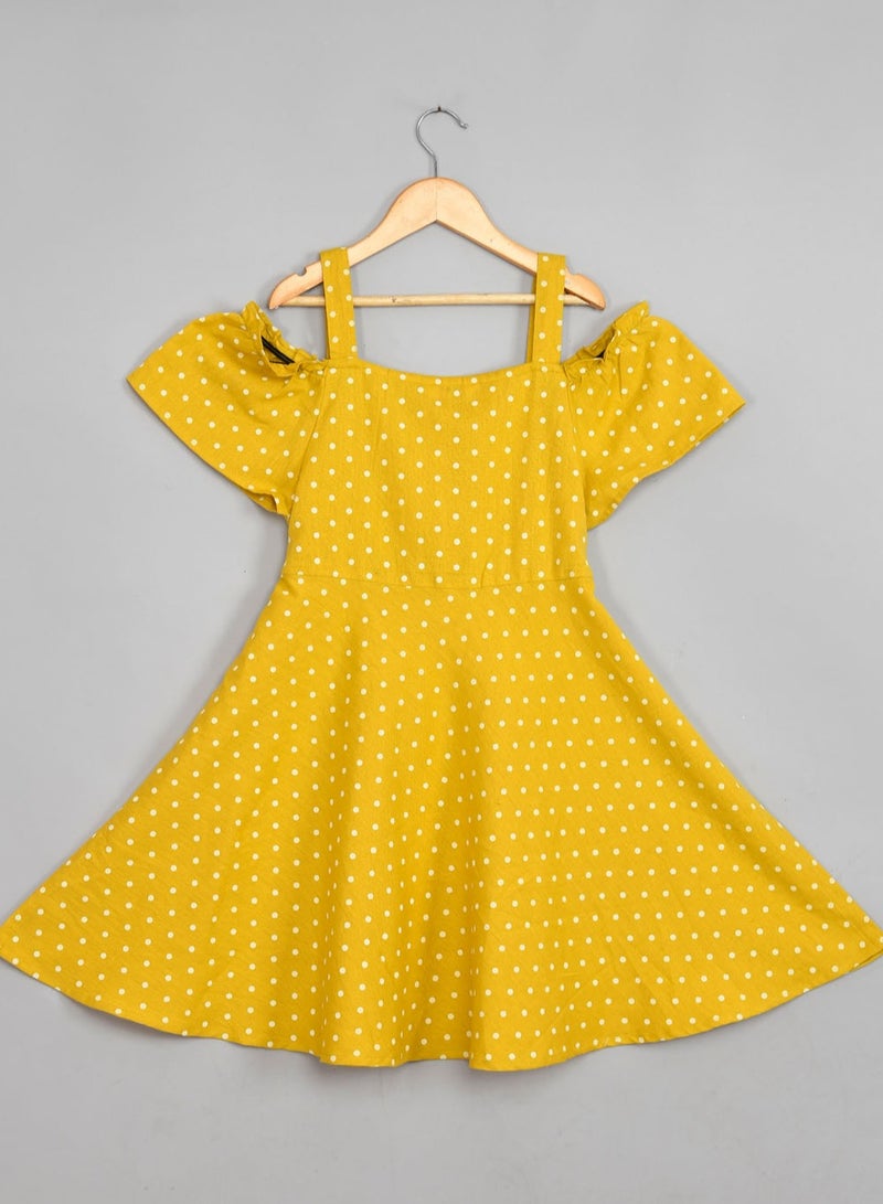 Cotton cold shoulder polka dots knee length dress for girls