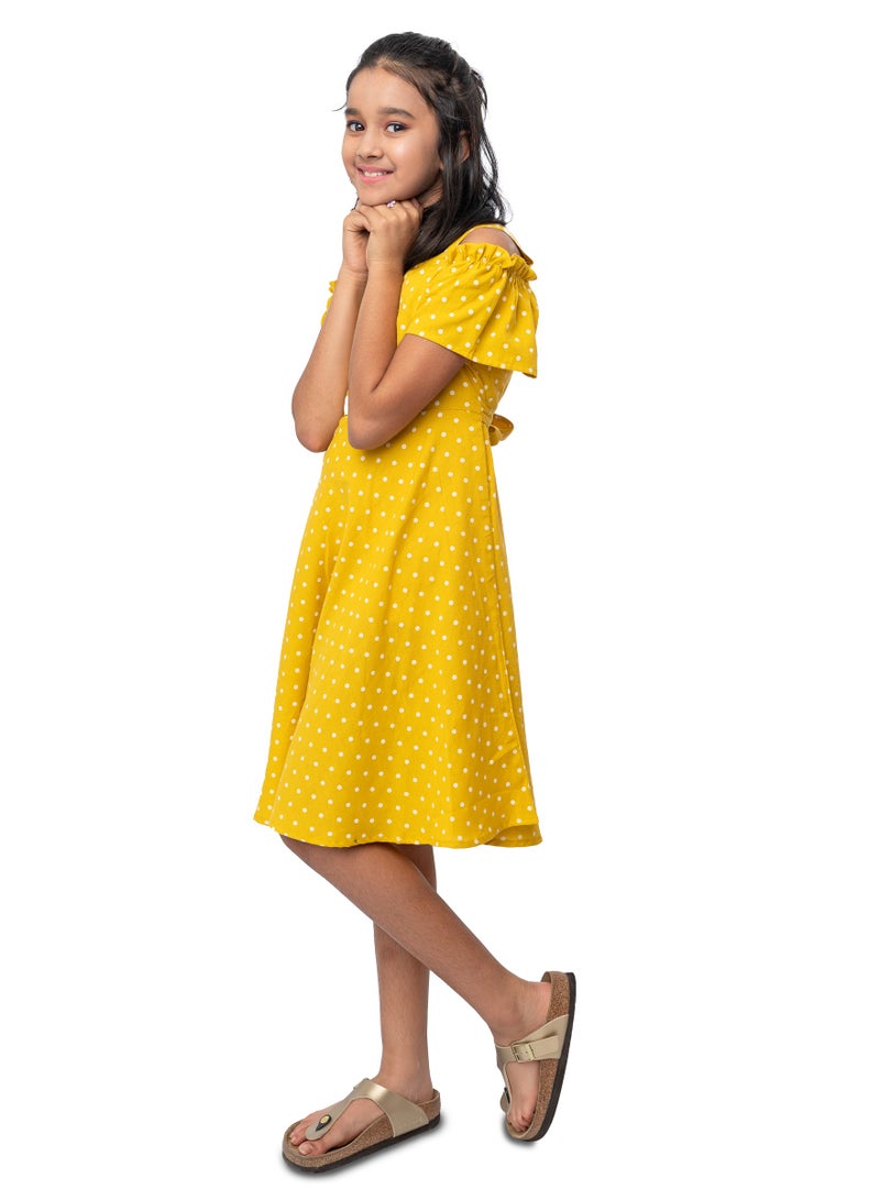 Cotton cold shoulder polka dots knee length dress for girls