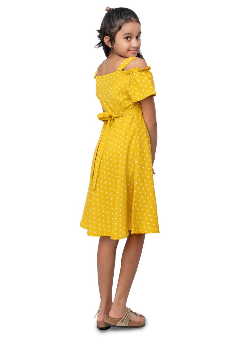 Cotton cold shoulder polka dots knee length dress for girls