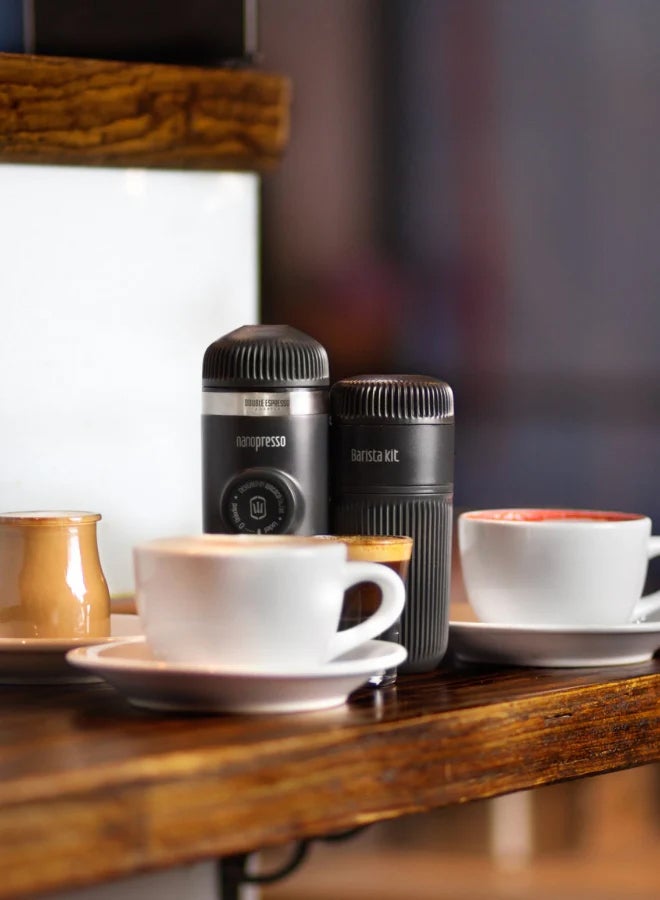 Nanopresso Barista Kit for Ground Coffee, Accessory for Nanopresso, Larger Water Tank up to 140ml, for Lungo Espresso (16 grams of ground coffee basket, tamper, & a bigger cup) Black