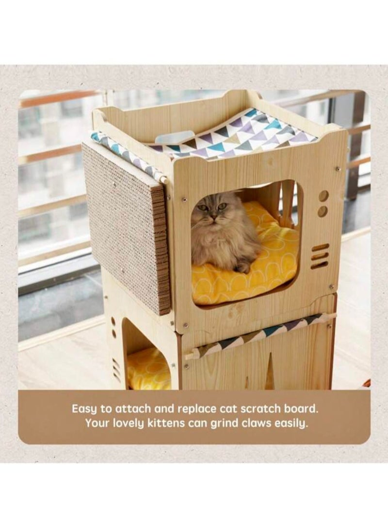 Wooden Cat House with Hammock, Outdoor Cat House, Wooden Cat House,with Scratching Board