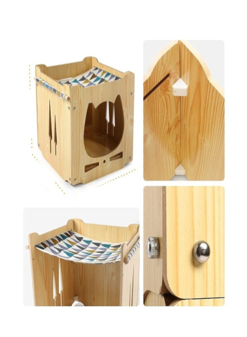 Wooden Cat House with Hammock, Outdoor Cat House, Wooden Cat House,with Scratching Board