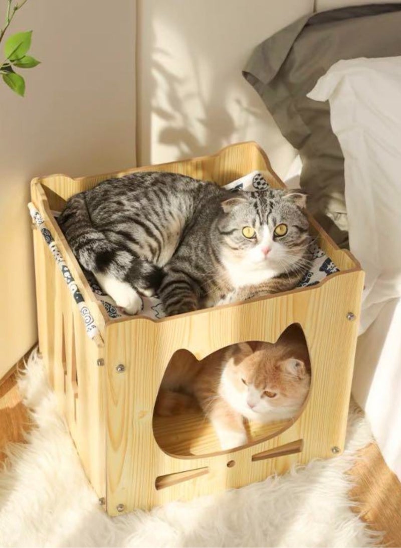 Wooden Cat House with Hammock, Outdoor Cat House, Wooden Cat House,with Scratching Board
