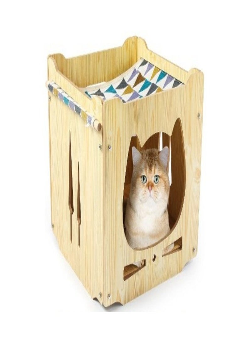 Wooden Cat House with Hammock, Outdoor Cat House, Wooden Cat House,with Scratching Board