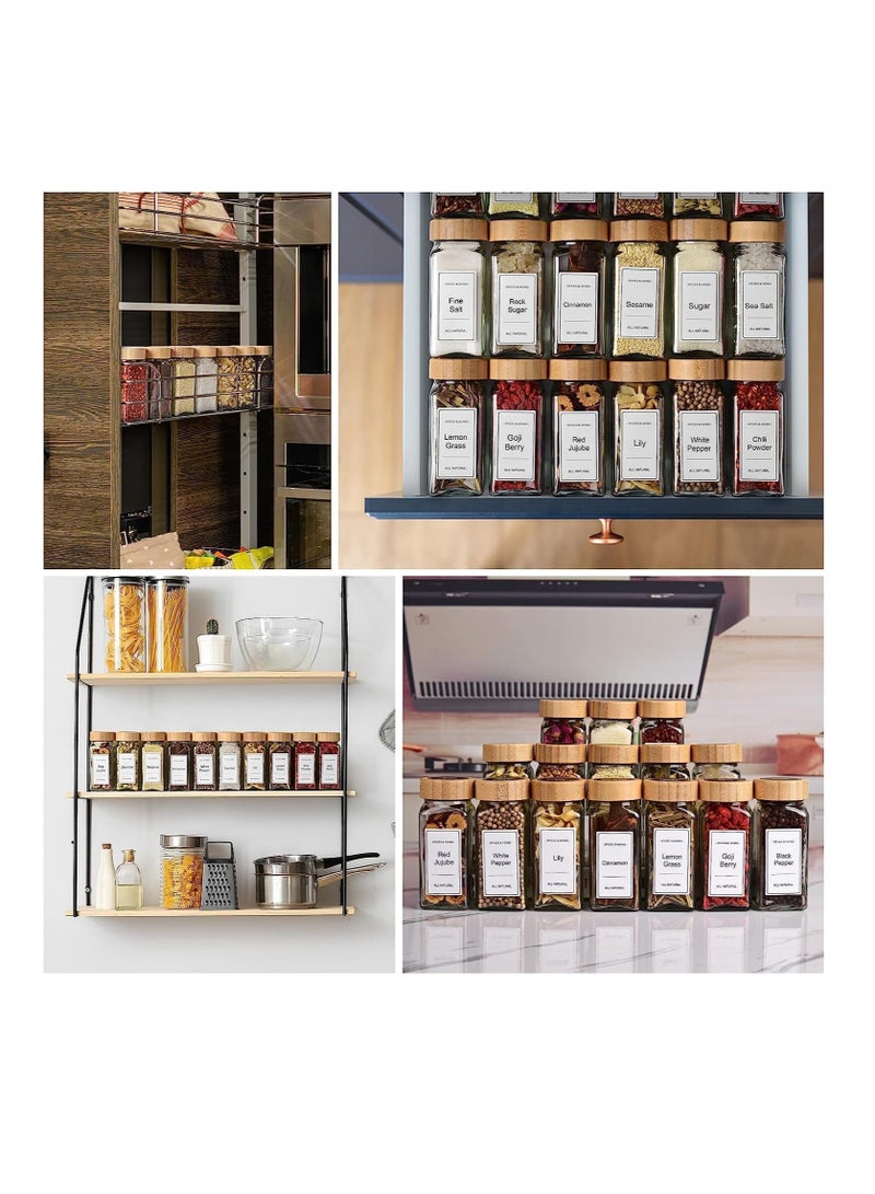 MahMir 24 Pcs Spice Jars with Labels 4oz Glass Spice Jars with Bamboo Lids 120 Labels Stickers, Shaker Lids, Collapsible Funnel, 2 Pens Seasoning Storage Bottles for Spice Rack, Cabinet Drawer
