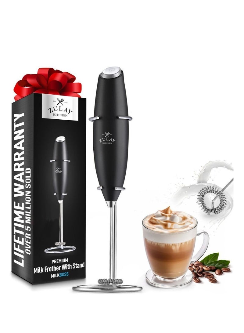 Zulay Original Milk Frother Handheld Foam Maker for Lattes Whisk Drink Mixer for Coffee, Mini Foamer for Cappuccino Frappe, Matcha Hot Chocolate by Milk Boss (Black) - Packaging may vary