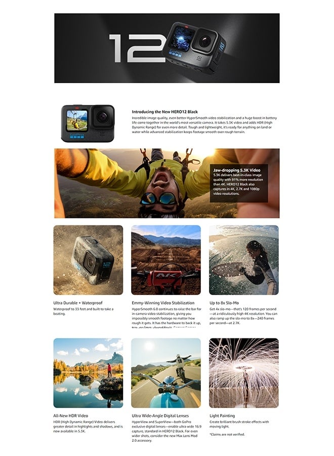 HERO12 Black - Waterproof Action Camera With 5.3K60 Ultra HD Video, 27MP Photos, HDR, 1/1.9