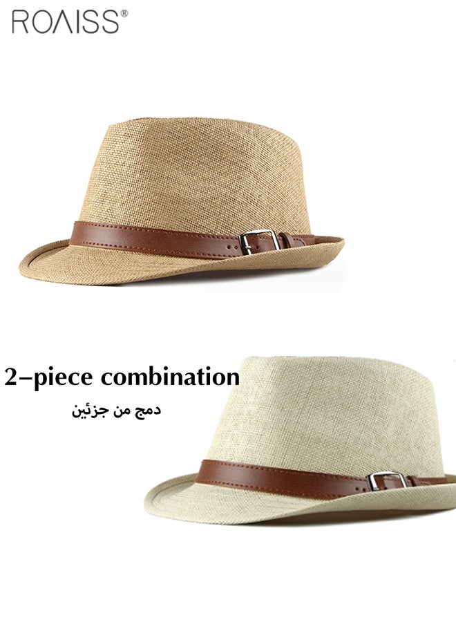 2-Piece Straw Woven Gentlemen's Hat Pu Leather Decorative Sunshade Retro Jazz Hat Summer Comfortable And Breathable Fashion Hat