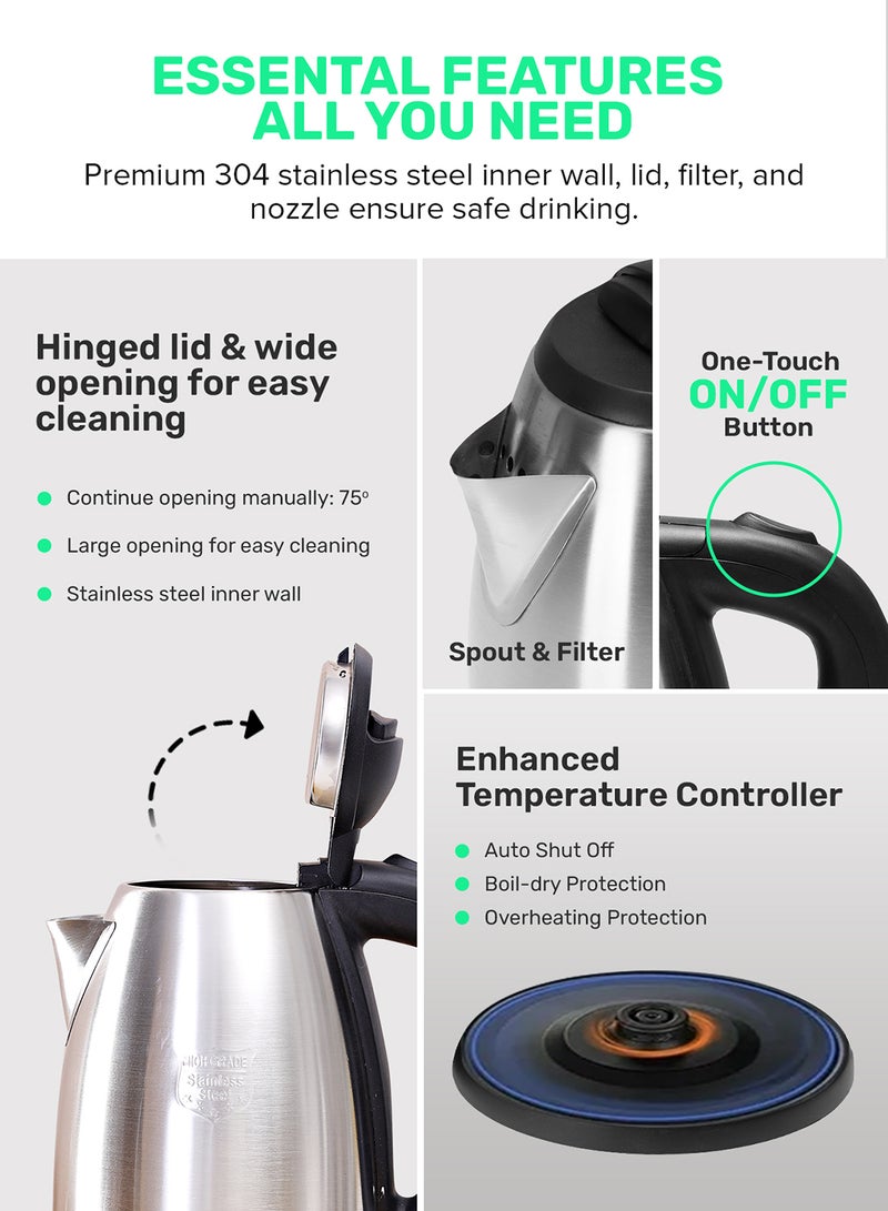 Electric Tea Kettle 1.8 L, Auto Shut Off And Boil Dry Protection, Safety Lock Lid, 360 Degree Rotational Base, Stainless Steel, Ergonomic Handle, Perfect Pour, Large Capacity 1.8 L 1500 W GK5454B Silver/Black