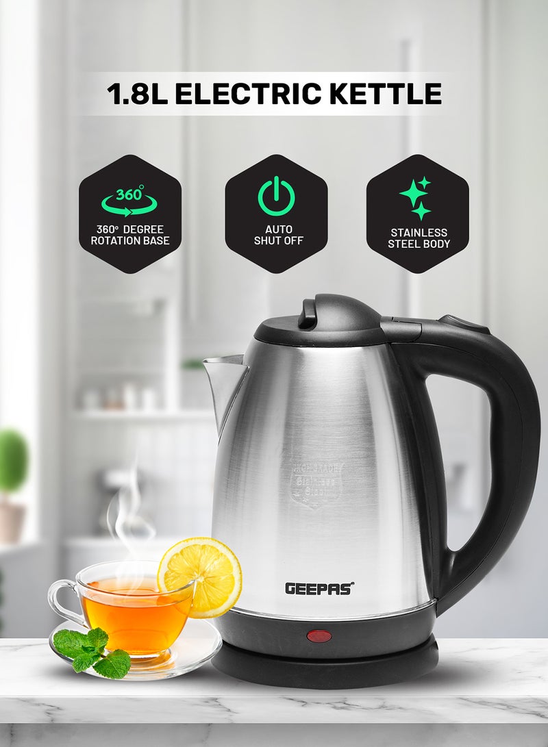 Electric Tea Kettle 1.8 L, Auto Shut Off And Boil Dry Protection, Safety Lock Lid, 360 Degree Rotational Base, Stainless Steel, Ergonomic Handle, Perfect Pour, Large Capacity 1.8 L 1500 W GK5454B Silver/Black