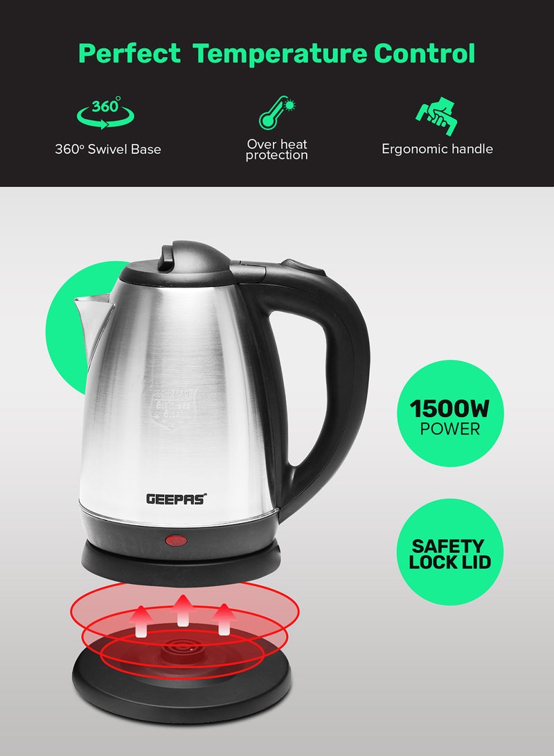 Electric Tea Kettle 1.8 L, Auto Shut Off And Boil Dry Protection, Safety Lock Lid, 360 Degree Rotational Base, Stainless Steel, Ergonomic Handle, Perfect Pour, Large Capacity 1.8 L 1500 W GK5454B Silver/Black