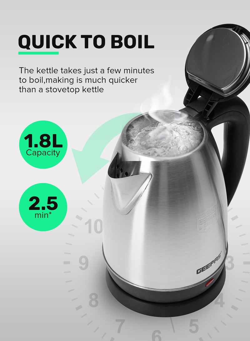 Electric Tea Kettle 1.8 L, Auto Shut Off And Boil Dry Protection, Safety Lock Lid, 360 Degree Rotational Base, Stainless Steel, Ergonomic Handle, Perfect Pour, Large Capacity 1.8 L 1500 W GK5454B Silver/Black