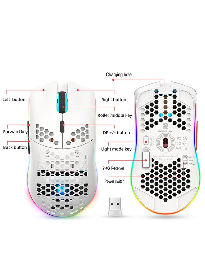 Wireless Gaming Mouse,Honeycomb Hollow Design Ergonomic Wireless Mouse with Backlight, 6 Buttons 4 Speed Adjustable DPI Computer Mouse Rechargeable RGB Gaming Wireless Mouse for Mac Laptop PC