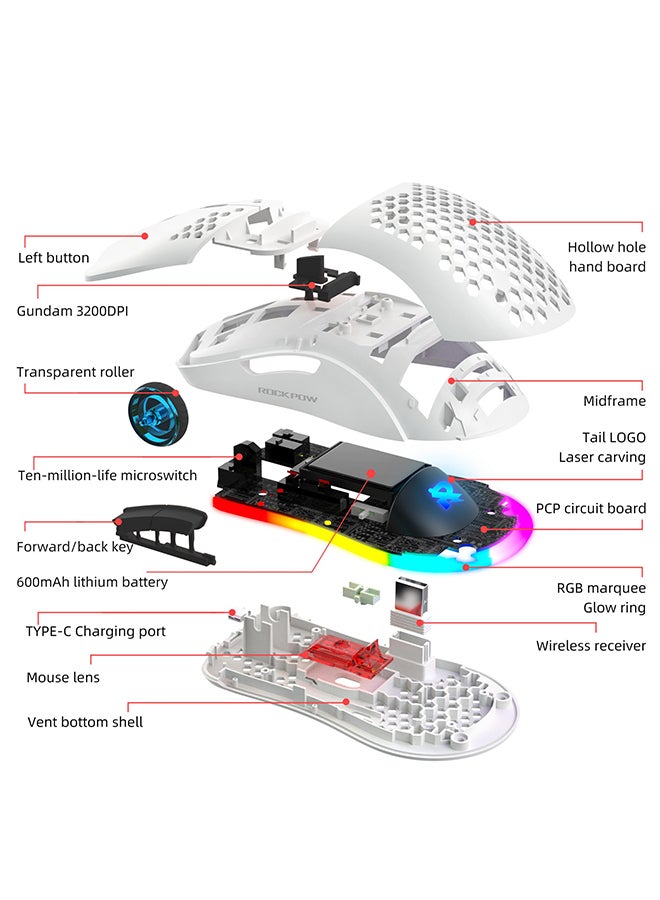 Wireless Gaming Mouse,Honeycomb Hollow Design Ergonomic Wireless Mouse with Backlight, 6 Buttons 4 Speed Adjustable DPI Computer Mouse Rechargeable RGB Gaming Wireless Mouse for Mac Laptop PC