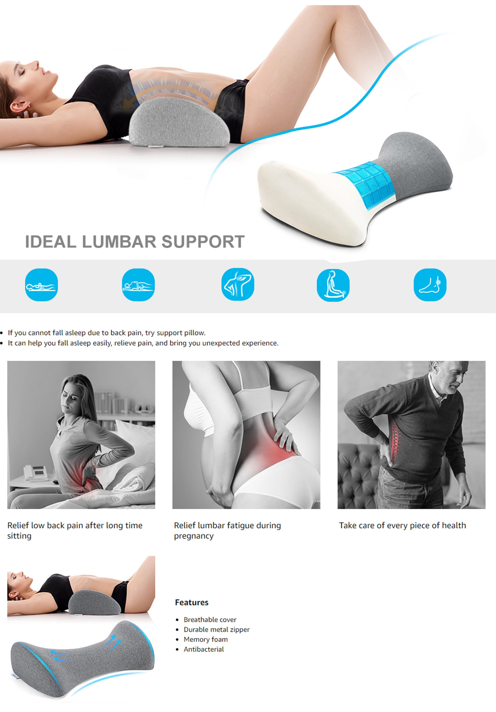 Lower Back Pillow, Lumbar Support Pillow for Bed, Waist Stretch, Relieve Low Back Pain, Lumbar Support Pillow