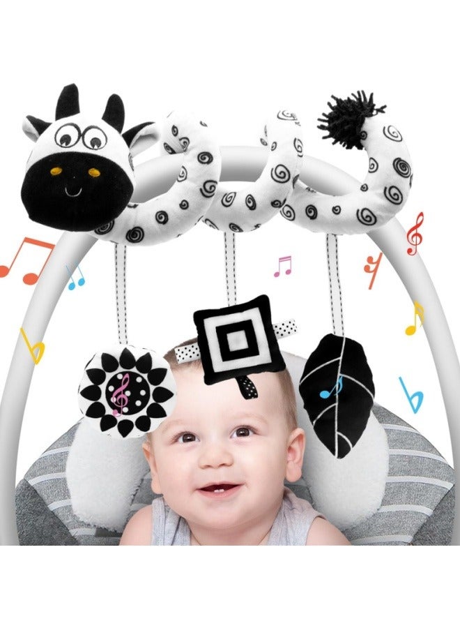 Spiral Activity Toy, Baby Black and White Bed Stroller Toy Comfortable Pram Crib Plush Toy for Boys Girls Spiral Hanging Toys for Car Seat, Cow