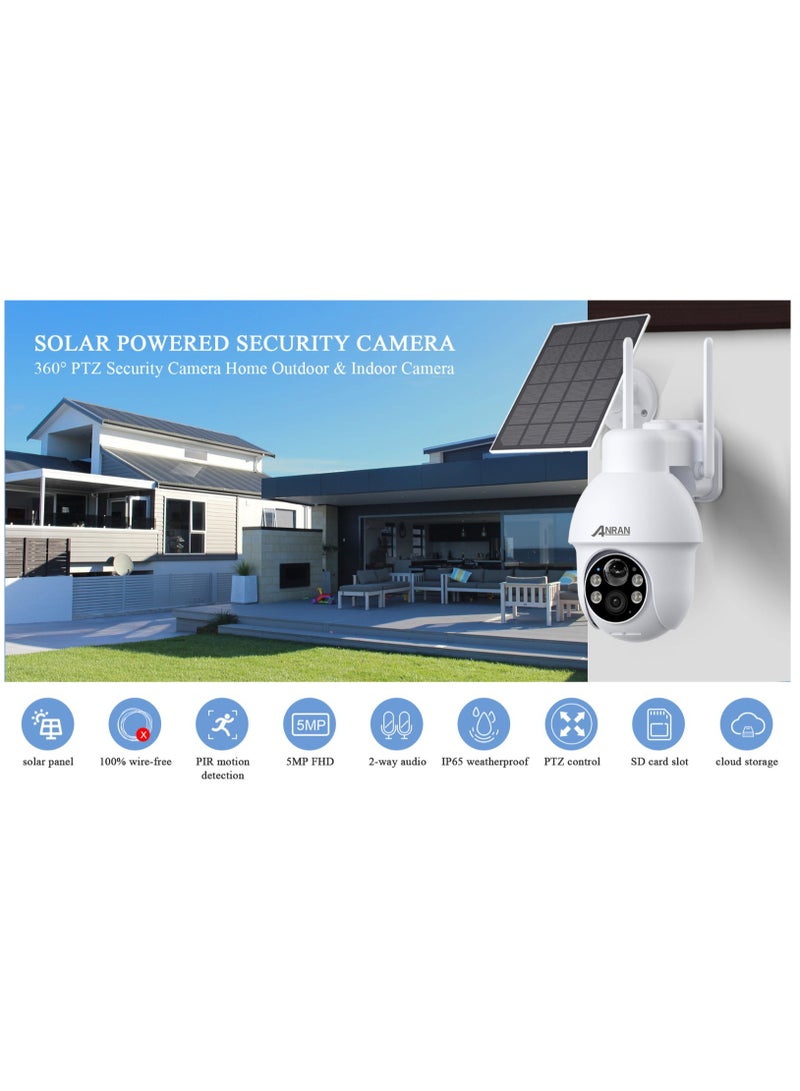 ANRAN Solar Security Camera, 5MP Wireless Outdoor Camera, PTZ 360° View, Battery Powered Wi-Fi Camera with Solar Panel, HD Night  Vision, Motion Detection, 2-Way Audio, 9600 mAh Battery