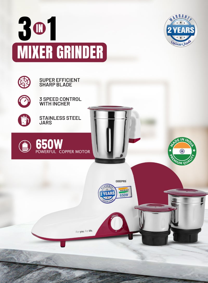 3 In 1 Mixer Grinder With 3 Speed setting with Incher | Heavy duty Motor | Silent and smooth Blender | Shock Proof and Over Heat Protetction 1.2 L 650 W GSB44094 Pista Green