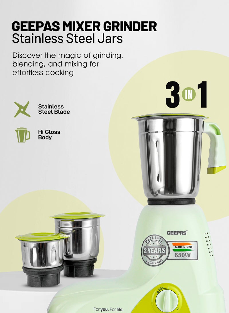 3 In 1 Mixer Grinder With 3 Speed setting with Incher | Heavy duty Motor | Silent and smooth Blender | Shock Proof and Over Heat Protetction 1.2 L 650 W GSB44094 Pista Green