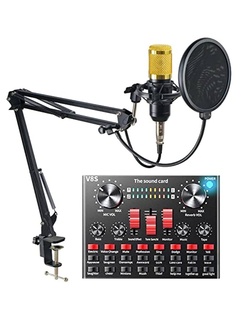 Professional Condenser Microphone With V8S Live Sound Card And Studio Recording Broadcasting Set Black