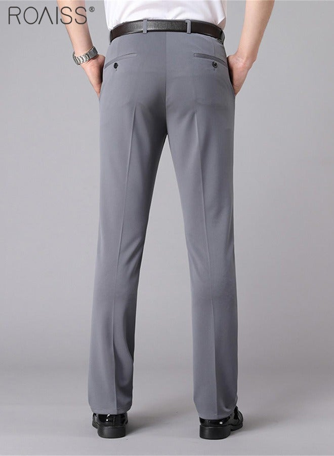 Men's Fashion Casual Business Pants Summer Light Thin High Elastic Classic Pure Grey Suit Pants Skintight Wrinkle-Resistant High Waist Straight Trousers with Pockets on Both Sides