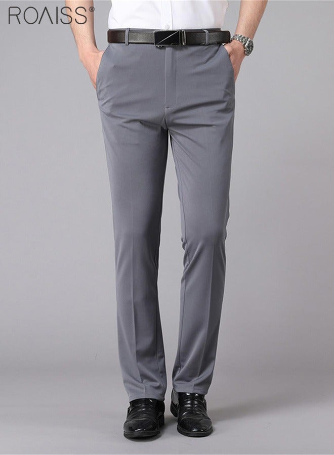 Men's Fashion Casual Business Pants Summer Light Thin High Elastic Classic Pure Grey Suit Pants Skintight Wrinkle-Resistant High Waist Straight Trousers with Pockets on Both Sides