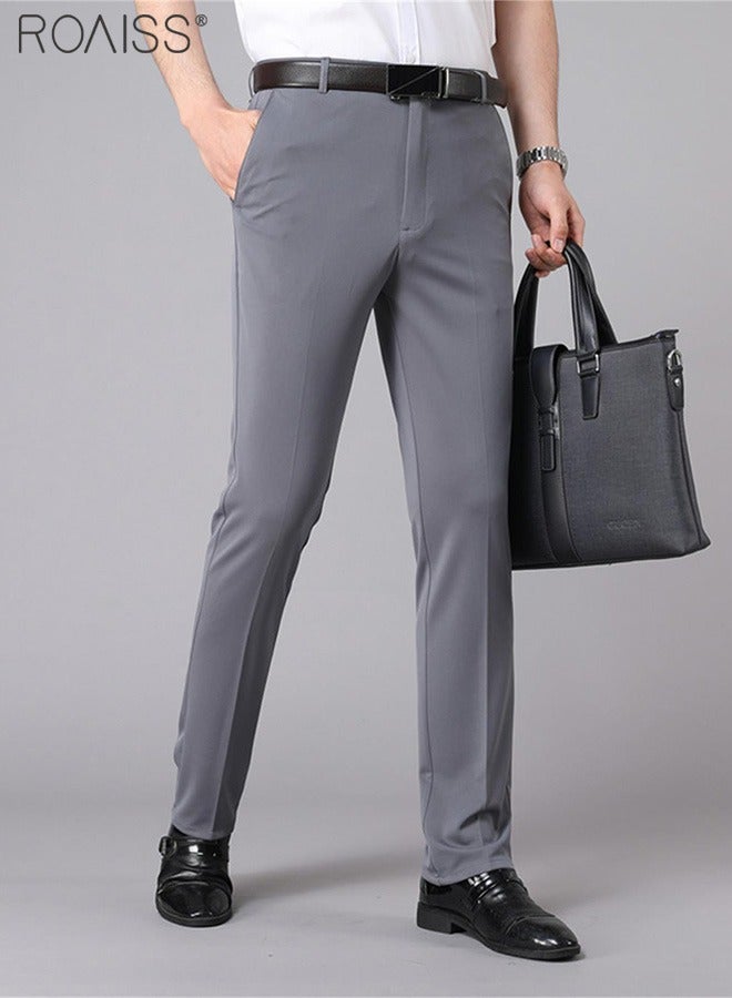 Men's Fashion Casual Business Pants Summer Light Thin High Elastic Classic Pure Grey Suit Pants Skintight Wrinkle-Resistant High Waist Straight Trousers with Pockets on Both Sides