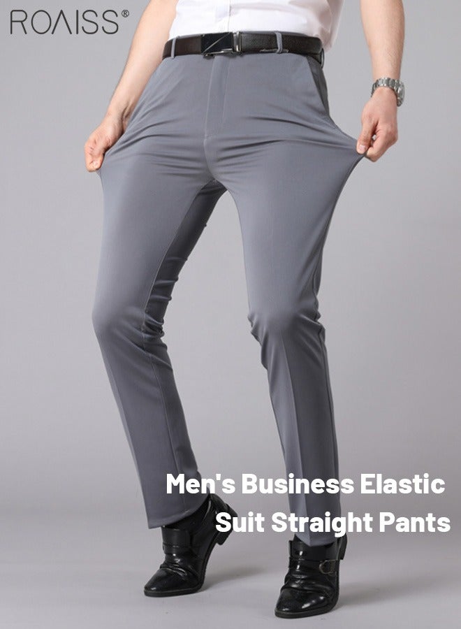 Men's Fashion Casual Business Pants Summer Light Thin High Elastic Classic Pure Grey Suit Pants Skintight Wrinkle-Resistant High Waist Straight Trousers with Pockets on Both Sides