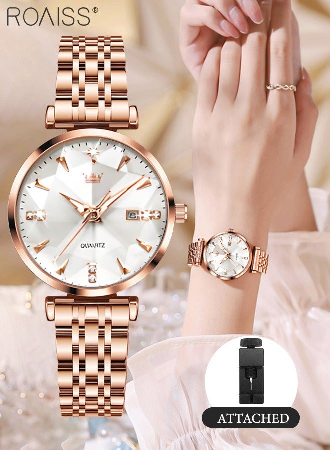 Women's Steel Strap Quartz Watch Analog Display Round White Dial with Diamond Cut Mirror Waterproof Luminous Wristwatch as Gift for Ladies