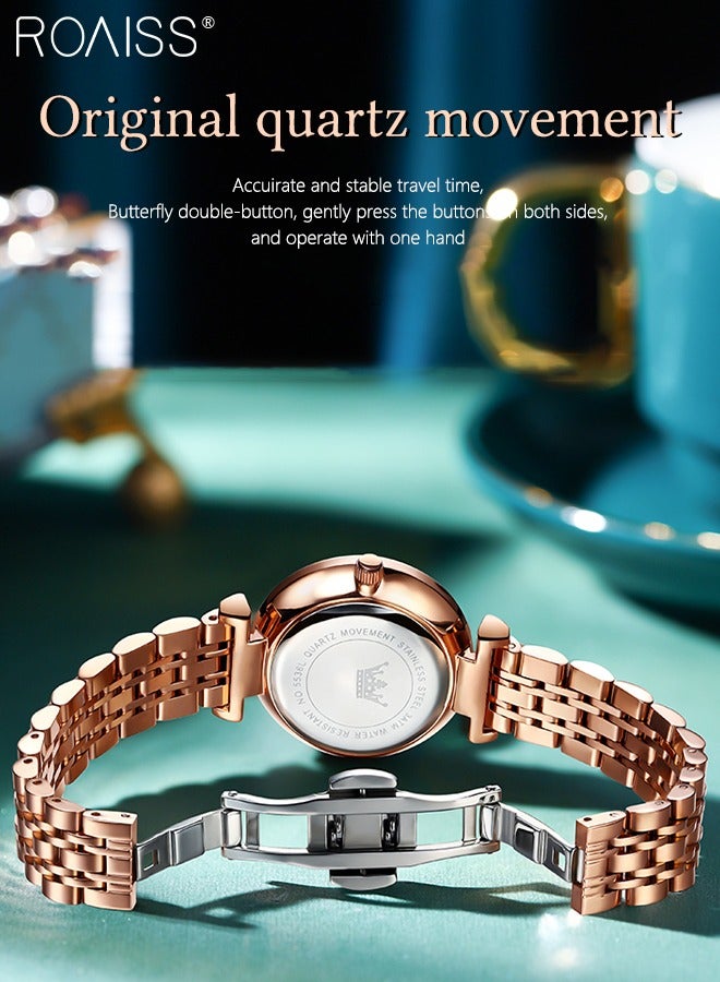 Women's Steel Strap Quartz Watch Analog Display Round White Dial with Diamond Cut Mirror Waterproof Luminous Wristwatch as Gift for Ladies