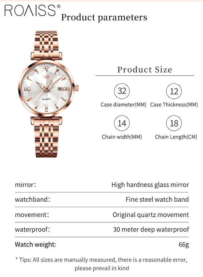 Women's Steel Strap Quartz Watch Analog Display Round White Dial with Diamond Cut Mirror Waterproof Luminous Wristwatch as Gift for Ladies